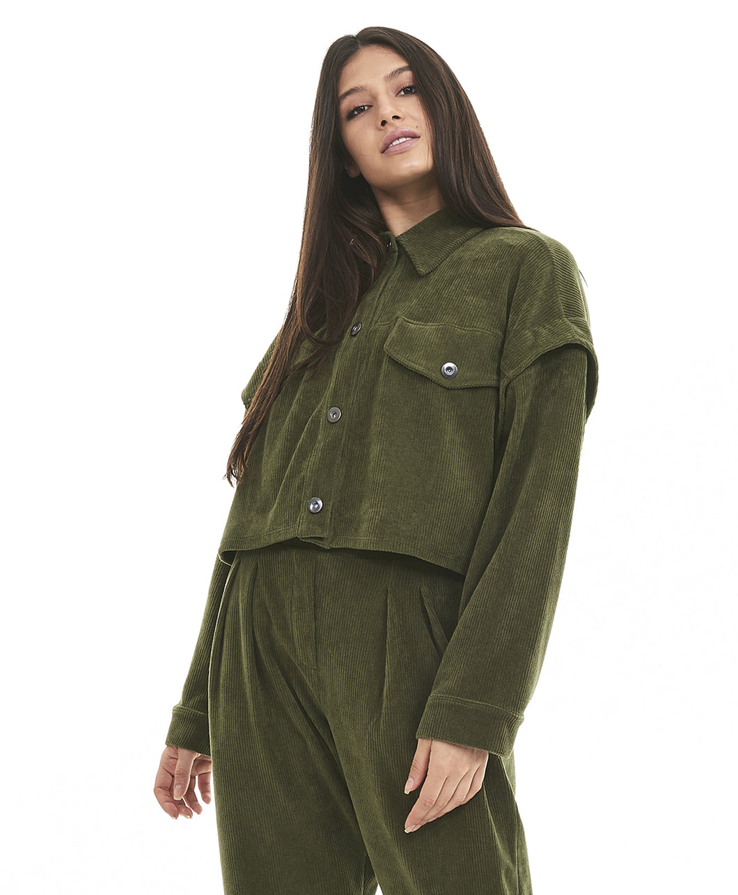 Model Front: Alto Giro Fitness Haut Jaqueta Cropped Colete Stretch Verde Kalamata