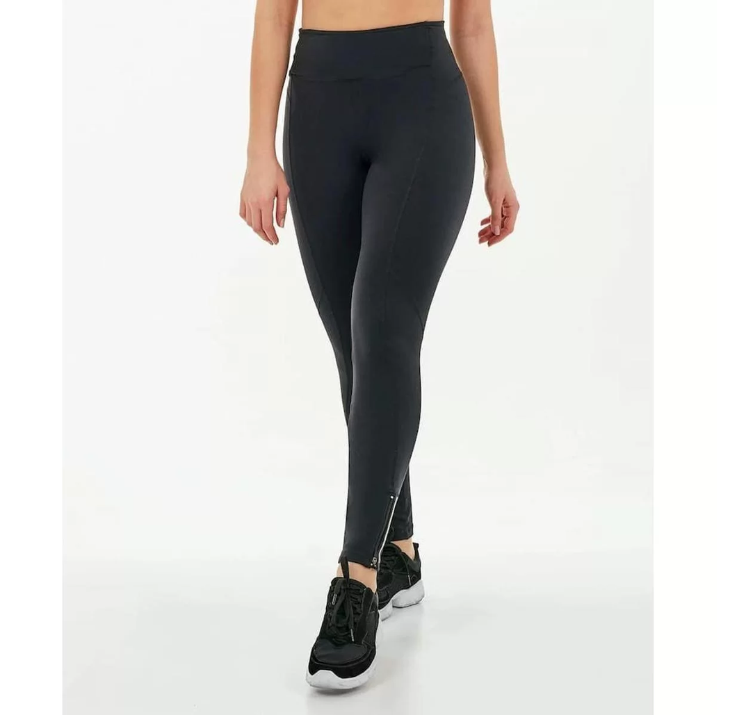 Model Front: Alto Giro Fitness Bas Legging Supplex Ziper Barra Preto