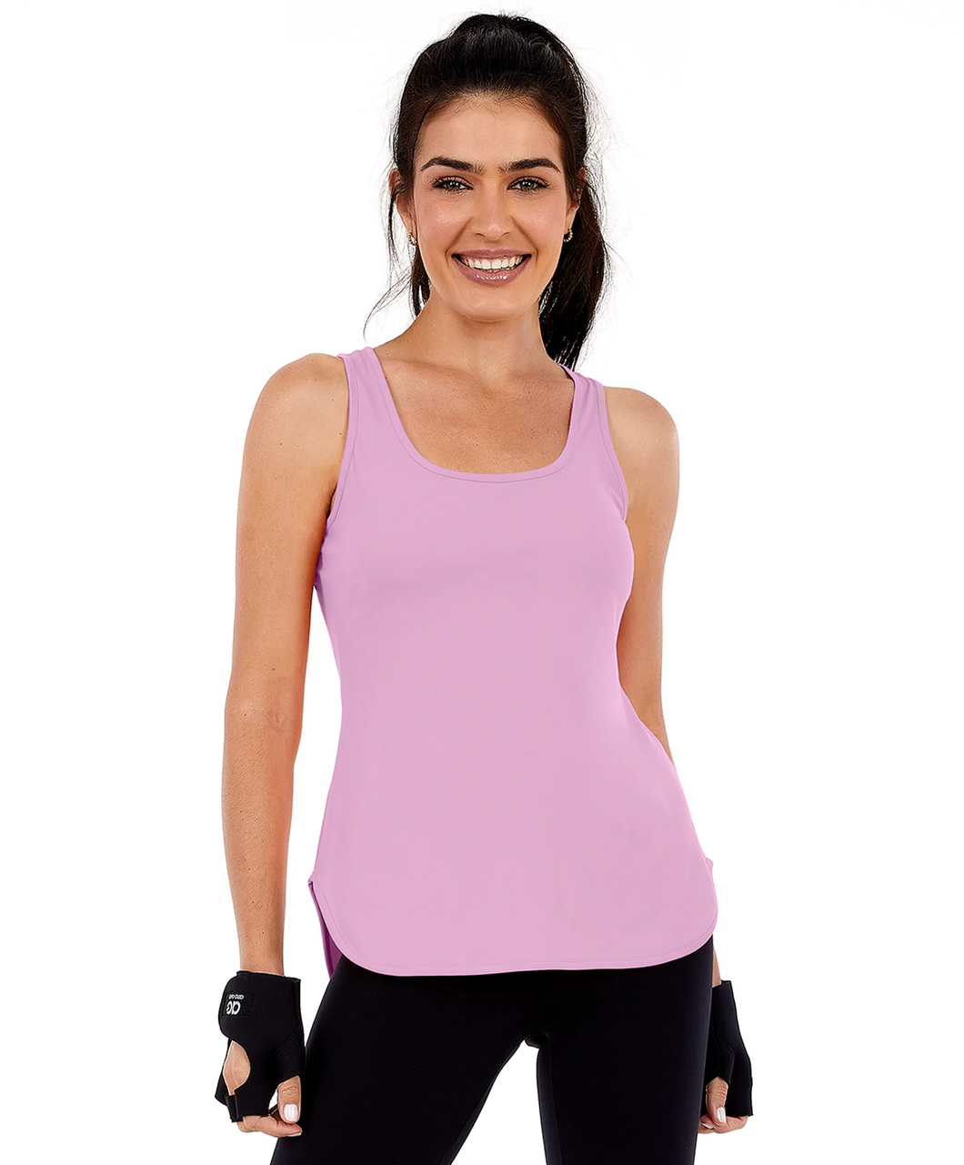 Model Front: Alto Giro Fitness Haut Regata Skin Fit Alongada Gola V Rosa Soft