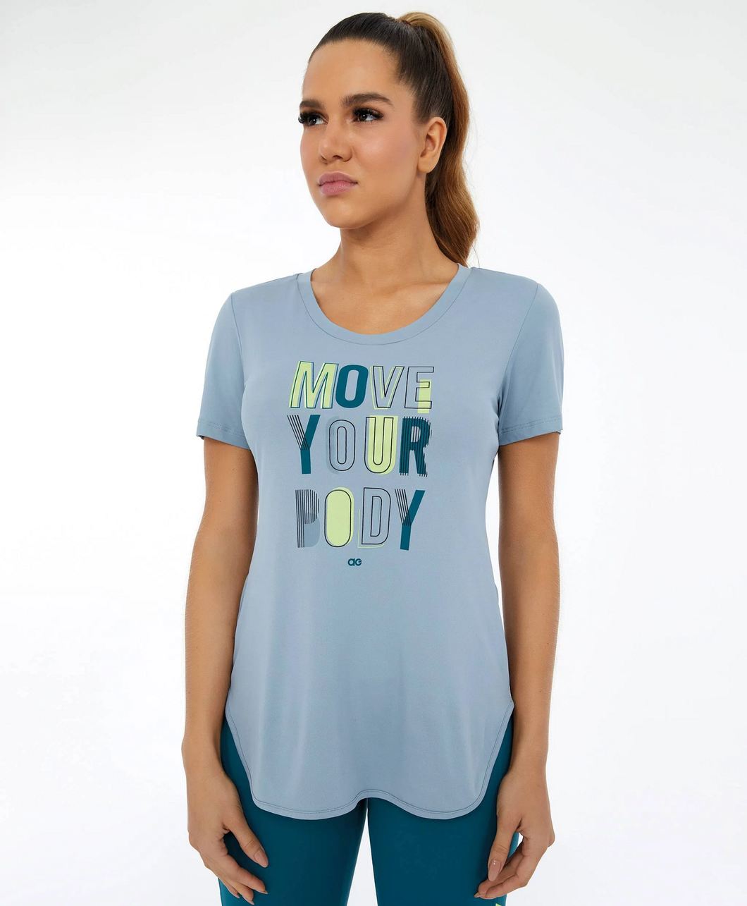 Model Front: Alto Giro Fitness Haut T-Shirt Skin Fit Inspiracional Cinza Wind