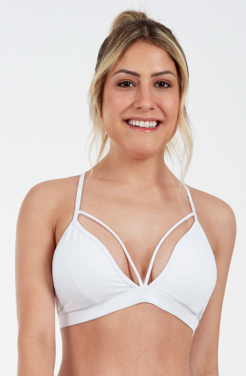 Model Front: Alto Giro Fitness Haut Top Up Co2 Rolete Frente E Costas Branco