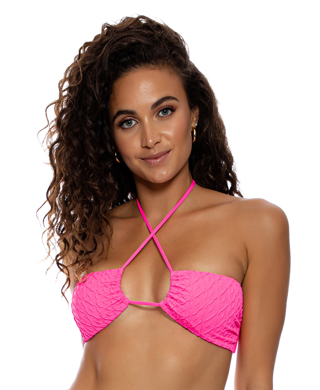 Model Front: Luli Fama Haut Top Drawstring Diamond Girl Shocking Pink